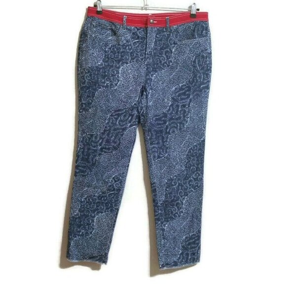 NWT Skye's the Limit Women's Pants Blue White Geometric Size 16 Raw Hem - Picture 1 of 7